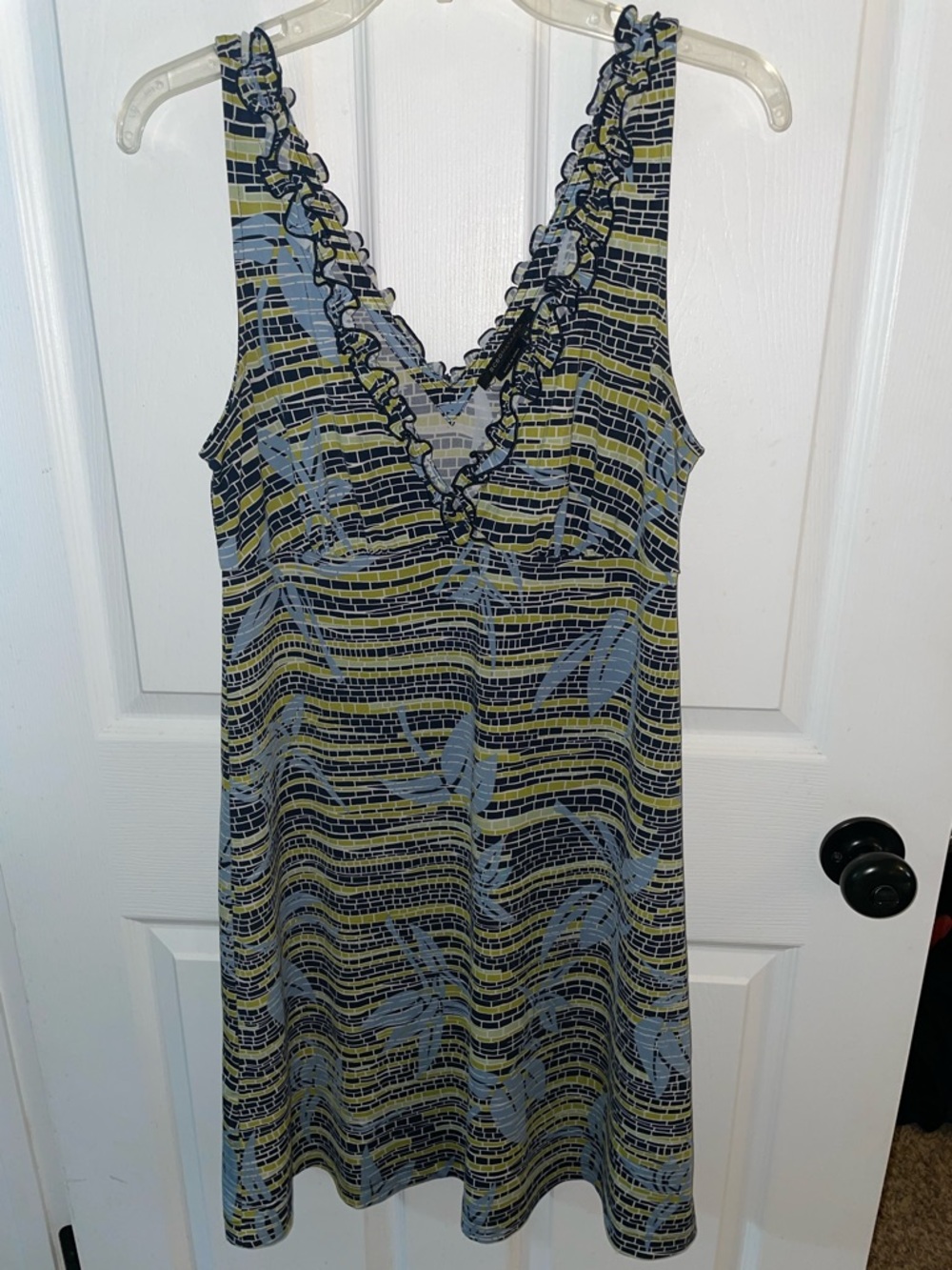 BCBGMaxAzria Blue and Yellow Striped Floral Ruffle-Trim Midi Dress